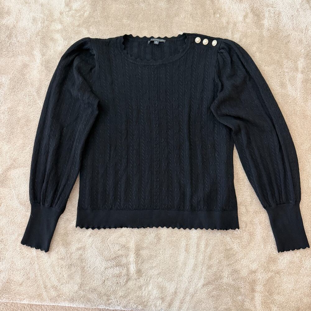 Adrianna Papell Black Cable Knit Scalloped Hemline Pearl Jewel Sweater Sz M